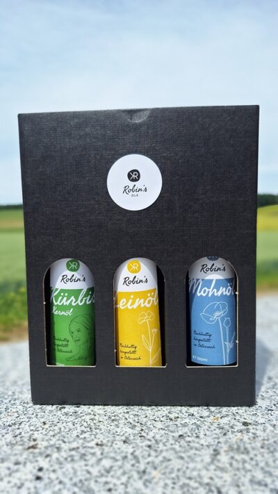 Box 3x 100 ml Öl<br>(Kürbiskernöl | Leinöl | Mohnöl)